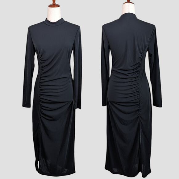 Future Collective Dresses & Skirts - Future Collective Long Sleeve Mock Neck Ruched Black Midi Dress Women’s Medium